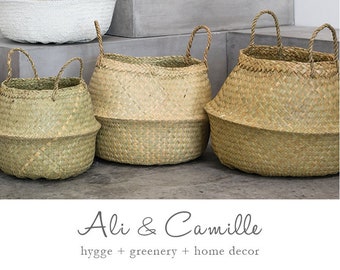 3 size, X-large belly baskets, seagrass basket, woven basket, storage basket, planter basket, Hygge, Panier Boule, spring decor, natural