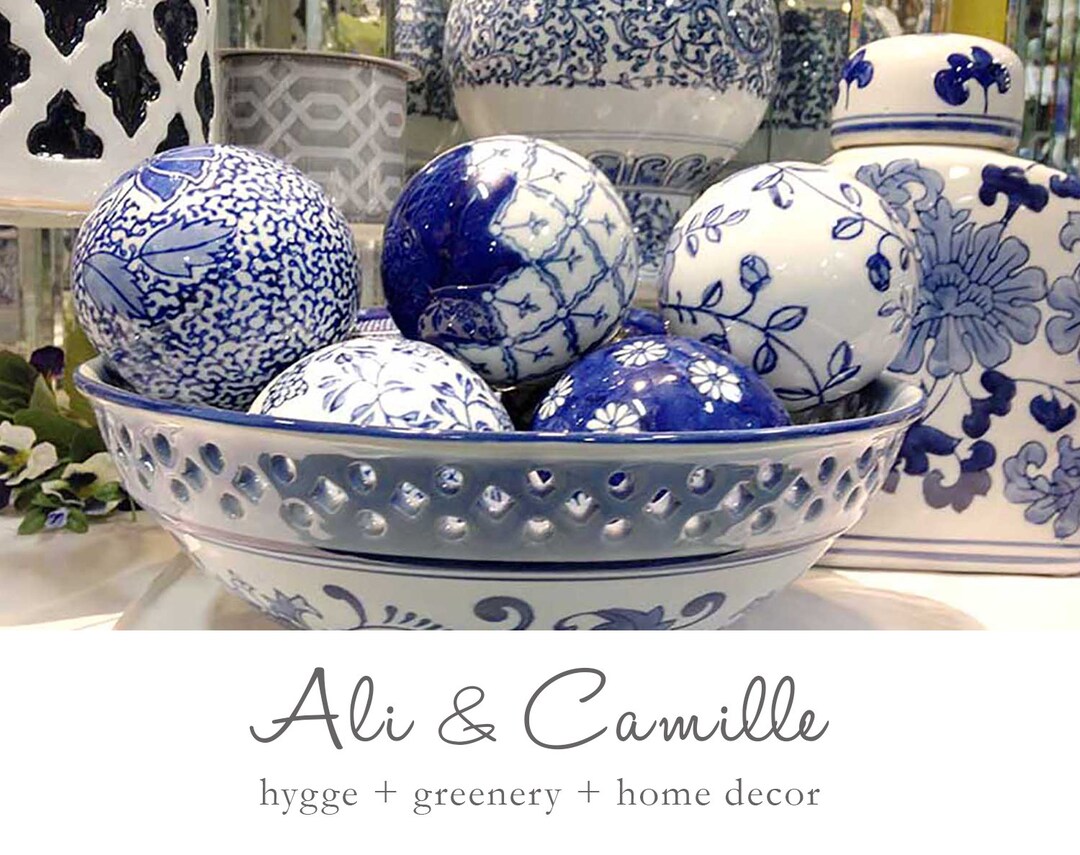 Cobalt, Chinoiserie Orbs or Bowl, 3 Cobalt Blue and White Carpet Balls