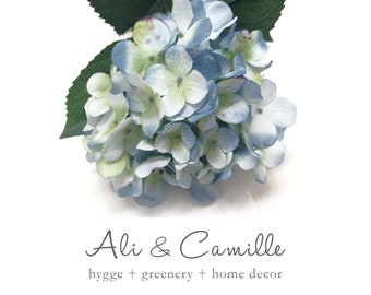 Pale blue hydrangea, faux flower, one artificial garden hydrangea, silk hydrangea, high quality silk flower, one blue hydrangea flower