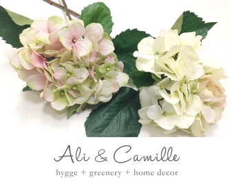 Pale pink hydrangea, a blush artificial garden hydrangea to refresh your space with timeless beauty. Lifelike and hassle-free decor solution