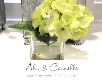 Green Hydrangea Centerpiece: Faux Water Floral Arrangement
