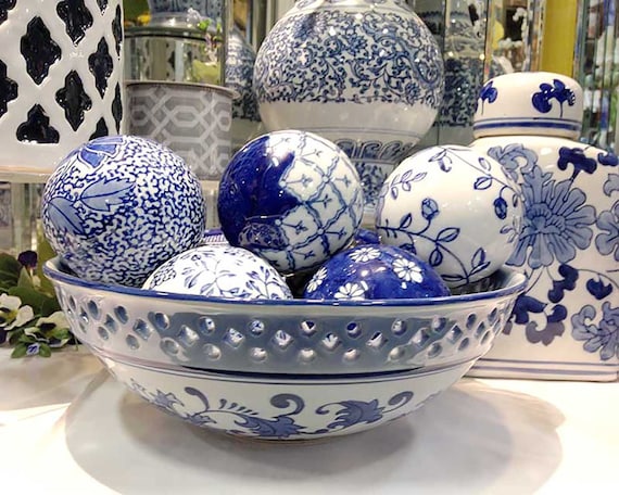 Chinoiserie Orbs or Bowl, 3 Cobalt Blue and White Carpet Balls or
