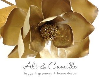 Metallic Gold Magnolia Flower Stem: Rhinestone Center, 31-Inch