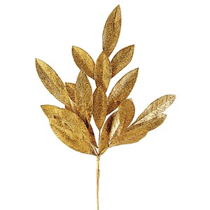 May include: A gold leaf spray with multiple leaves on a single stem. The leaves are textured and have a metallic finish.