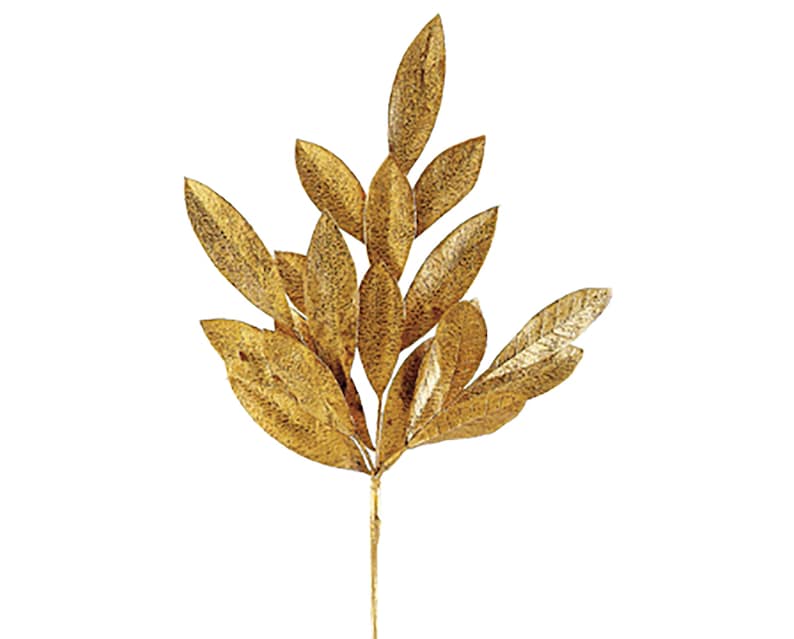 May include: A gold leaf spray with multiple leaves on a single stem. The leaves are textured and have a metallic finish.