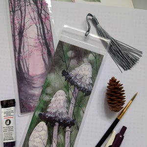 Mushroom Bookmarks hand painted with matching tassel and clear sleeve - watercolour and gouache original paintings handmade one-of-a-kind