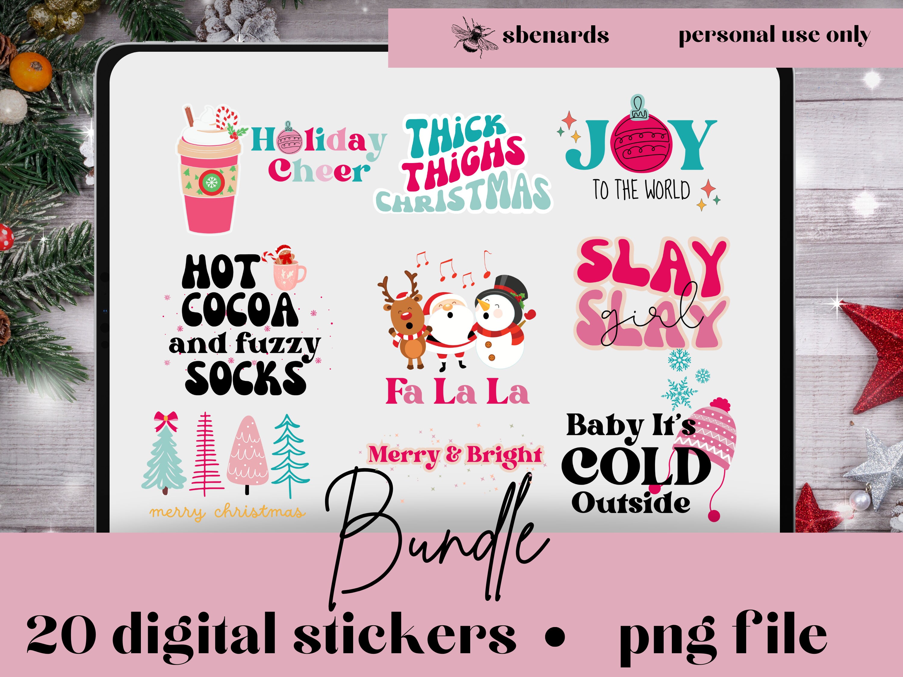 Pink Christmas Digital Sticker PNG File, Retro Fonts, Bundle Pack ...