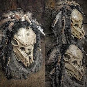 May include: A bone-colored skull mask with dark accents, adorned with feathers and fur. The mask has a detailed, textured surface and is surrounded by long, gray strands. A unique, handcrafted item.