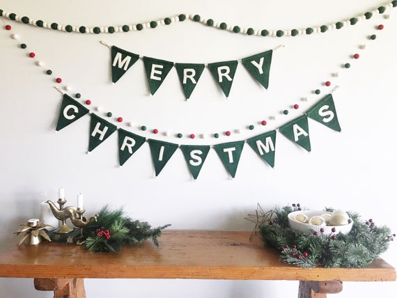 Merry Christmas Banner Green Pennant Christmas Banner Etsy
