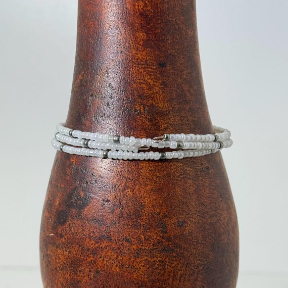 Memory wire wrap bracelet with white & silver mix 2mm beads