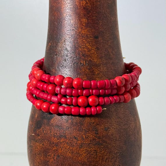 Memory wire wrap bracelet with red 4mm & 6mm mix beads