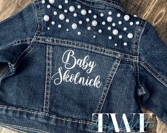 Custom Baby Demin/Jean Jacket with Pearls Baby Gift Pregnancy Announcement Gender Reveal Baby Shower Photography Baby Girl Birthday