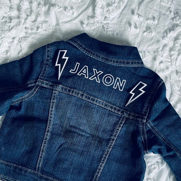 Lightning Bolt Custom Denim Jean Jacket Photoshoot Bridal Party Gender Reval Baby Girl Baby Boy Gift Present Pregnancy Announcement