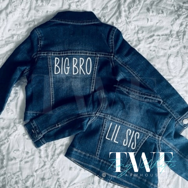 Lil Sis Big Bro Bundle Demin Jean Jacket Custom Photoshoot Bridal Party Gender Reval Baby Girl Baby Boy Gift Present Pregnancy Announcement