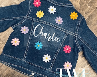 Rainbow Daisy Flower Boho Hippie Custom Demin Jean Jacket Personalized Baby Girl Gift Pregnancy Announcement Baby Shower Birthday Present