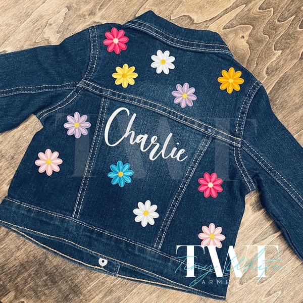 Rainbow Daisy Flower Boho Hippie Custom Demin Jean Jacket Personalized Baby Girl Gift Pregnancy Announcement Baby Shower Birthday Present