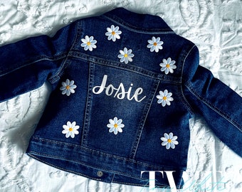 Flower Power Boho Hippie Custom Demin Jean Jacket Personalized Baby Girl Gift Pregnancy Announcement Baby Shower Photoshoot Birthday Present