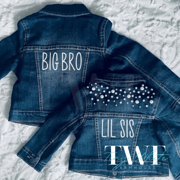 Pearl Demin Jean Custom “Lil Sis Big Bro” Jacket Photoshoot Bridal Party Gender Reval Baby Girl Baby Boy Gift Present Pregnancy Announcement