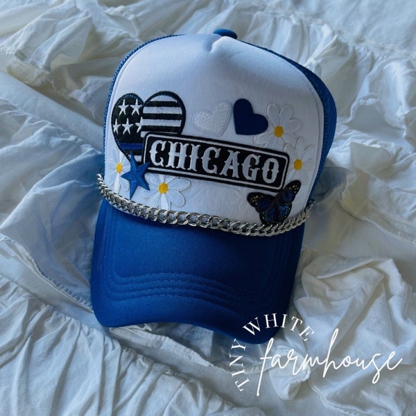Chicago Police Pride Trucker Hat, Thin Blue Line Trucker Hat for Women, Trendy Trucker Hat, Patch Hat for Women Support Police Chicago Pride