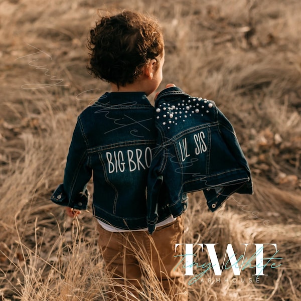 Lil Sis Big Bro Bundle Pearl Demin Jean Custom Jacket Photoshoot Gender Reval Baby Girl Baby Boy Gift Present Pregnancy Announcement