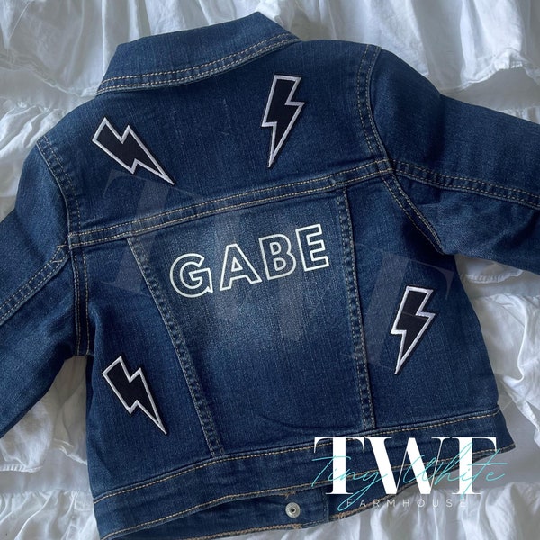 Lightning Bolt Custom Denim Jean Jacket Photoshoot Bridal Party Gender Reval Baby Baby Boy Gift Present Pregnancy Announcement unisex