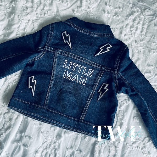 Little Man Lightning Bolt Custom Denim Jean Jacket Photoshoot Gender Reveal Baby Girl Baby Boy Gift Present Pregnancy Announcement