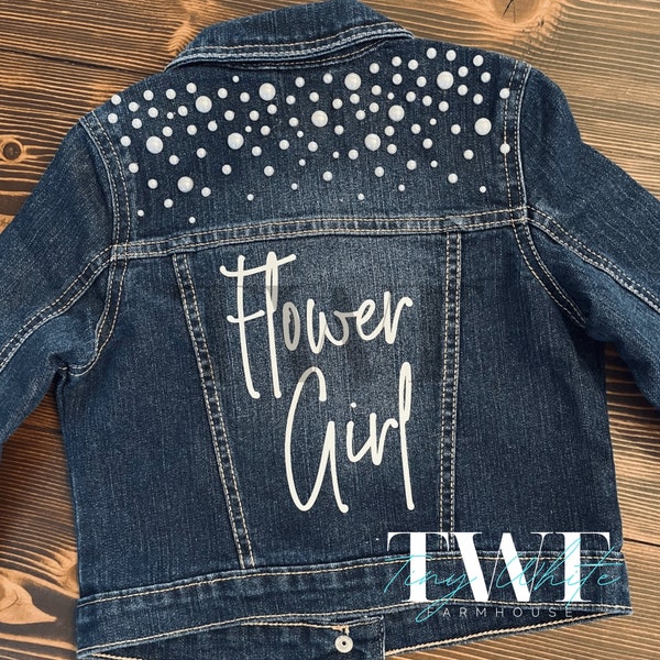 Pearl Demin Jean Custom “Flower Girl” Jacket Wedding Photoshoot Bridal Party Photography Baby Girl Wedding Party Gift Present