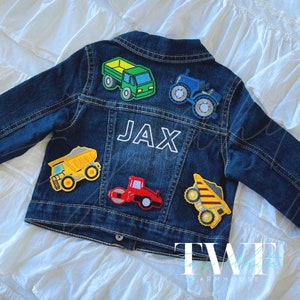 Trucks! Custom Denim Jacket Jean Jacket for Baby Boy or Baby Girl Trucks Construction Birthday Gift Party Present Personalized