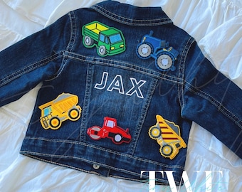 Trucks! Custom Denim Jacket Jean Jacket for Baby Boy or Baby Girl Trucks Construction Birthday Gift Party Present Personalized