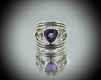 Amethyst and Peridot sterling silver Ring .925
