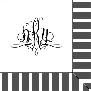 May include: A white napkin with a black script monogram that says "Sky" in a decorative font. The napkin has a black and white striped border.
