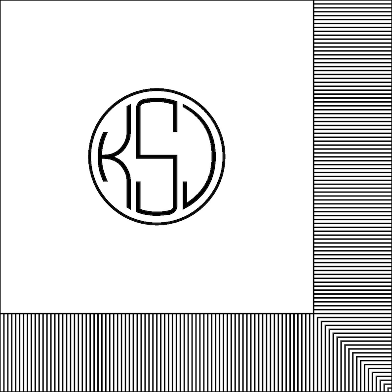 May include: A white napkin with a black monogram of the letters "KS" in a circle. The napkin has a black and white striped border.