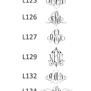 May include: A set of 10 monogram designs with different letter combinations and styles. The designs are in black and white and are arranged in a vertical column.
