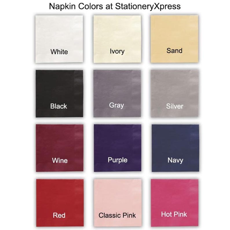 Puede incluir: Un gr&aacute;fico que muestra 12 colores diferentes de servilletas. Los colores son: blanco, marfil, arena, negro, gris, plata, vino, morado, azul marino, rojo, rosa cl&aacute;sico y rosa intenso.