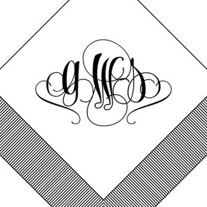 May include: A white square napkin with a black monogram of the letters "GWS" in a decorative script font. The napkin has a black and white striped border.