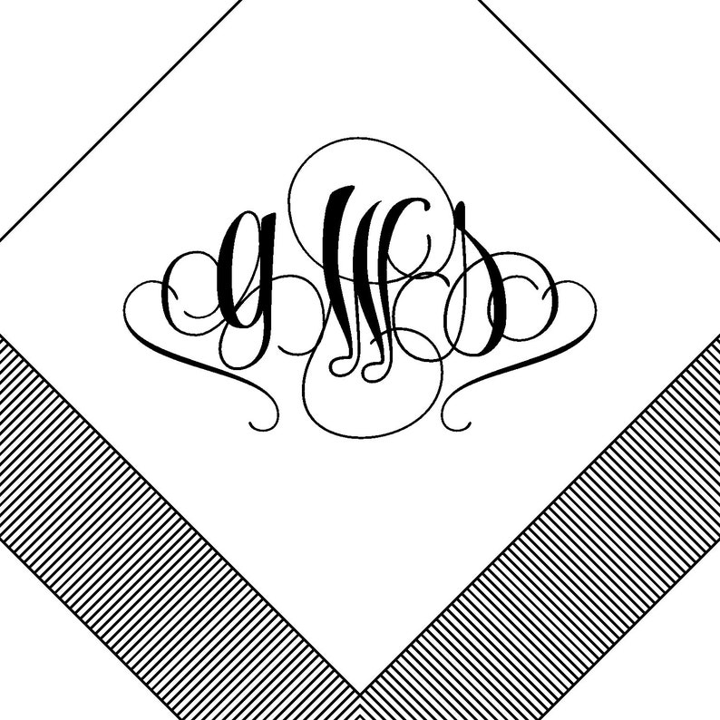 May include: A white square napkin with a black monogram of the letters "GWS" in a decorative script font. The napkin has a black and white striped border.