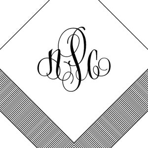 May include: A white square with a black monogram of the letters "NSC" in a script font. The square has a black and white striped border.