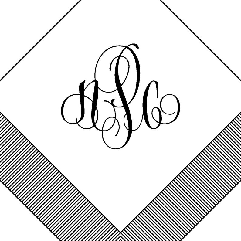 May include: A white square with a black monogram of the letters "NSC" in a script font. The square has a black and white striped border.