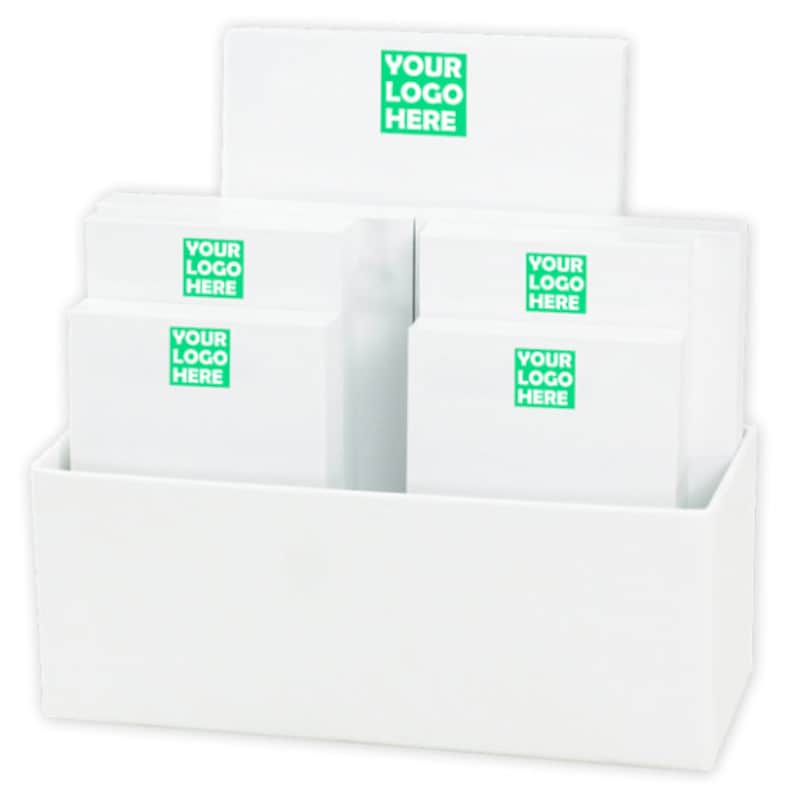 May include: White acrylic desktop organizer with five compartments for holding sticky notes. Each compartment has a white sticky note with the text "YOUR LOGO HERE" printed in green.