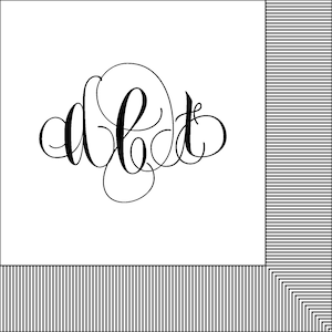 May include: A white napkin with black stripes on the bottom and a black monogram of the letters "a b t" in a cursive font.