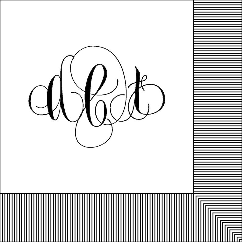 May include: A white napkin with black stripes on the bottom and a black monogram of the letters "a b t" in a cursive font.