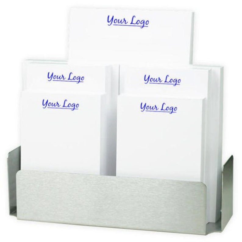 May include: A silver metal desk organizer with five white notepads. Each notepad has the text "Your Logo" printed in blue ink.