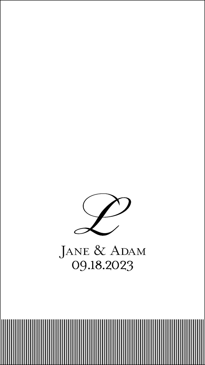 Puede incluir: Una invitaci&oacute;n de boda blanca con un monograma L en escritura negra, el texto "JANE & ADAM" y la fecha "09.18.2023". La parte inferior de la invitaci&oacute;n tiene un borde de rayas blancas y negras.