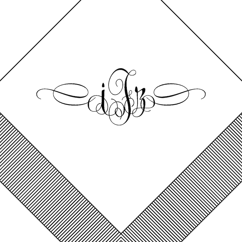 May include: A white square with a black border and a black script monogram of the letters "i" and "J" in the center.