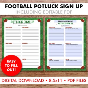 Puede incluir: Hoja de inscripción para un potluck de fútbol imprimible con un fondo de campo de fútbol verde y blanco. La hoja está dividida en secciones para aperitivos, guarniciones, platos principales, postres y otros. Incluye un espacio para notas y un nombre de equipo. El texto "¡Fácil de completar!" está en un círculo rojo.