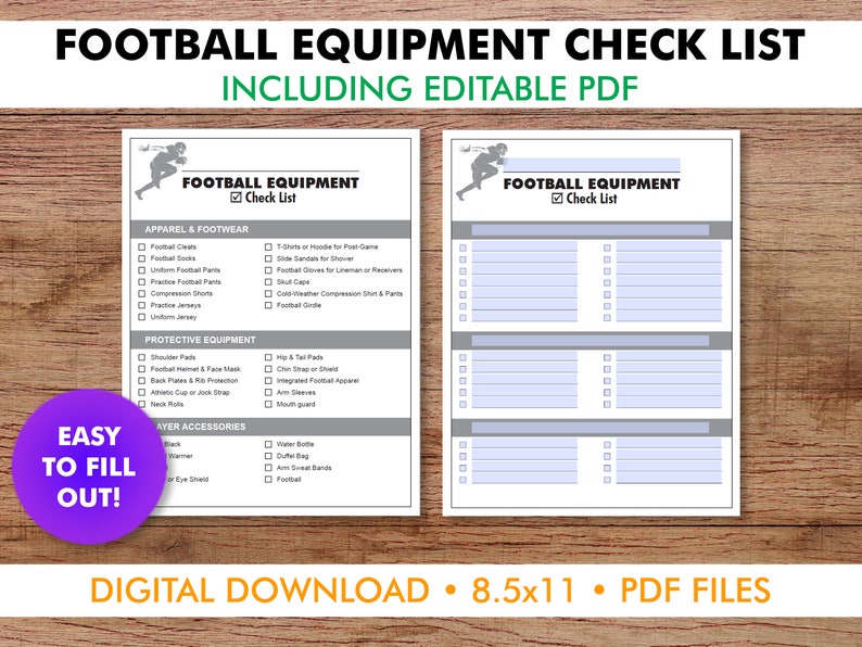 Football Equipment Check List, Customizable and Printable PDF, Add Your