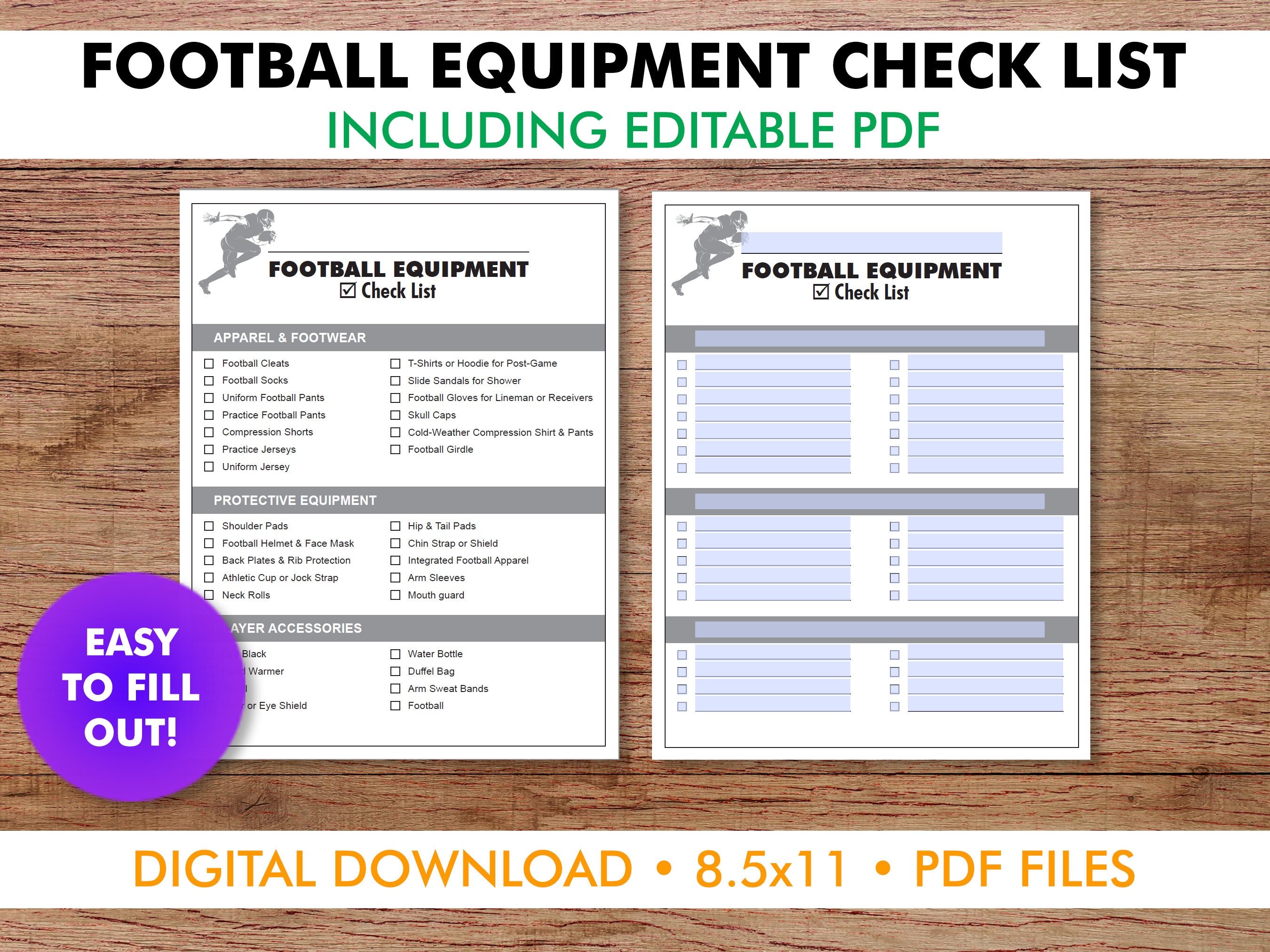 Football Equipment Check List, Customizable and Printable PDF, Add Your Football Team Name and