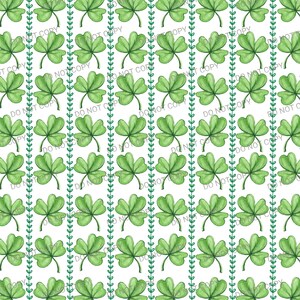 May include: A seamless pattern featuring green shamrocks with three leaves, arranged in rows with a repeating pattern of green vines. The background is white.