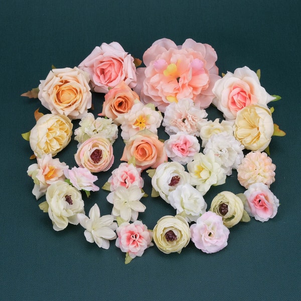 30PCS Rayon Bulk Flower Head Combo Set Champagne Artificial Silk Flower Head Kit Wedding Bouquet Floral Personalized DIY Material Pack