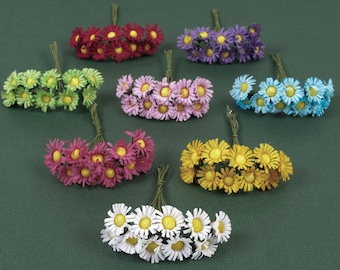 1/10 lot de petites marguerites en soie artificielle avec fil de fer, 8 couleurs de faux choix de fleurs pour travaux manuels à faire soi-même cartes couronne scrapbooking décor fausse fleur